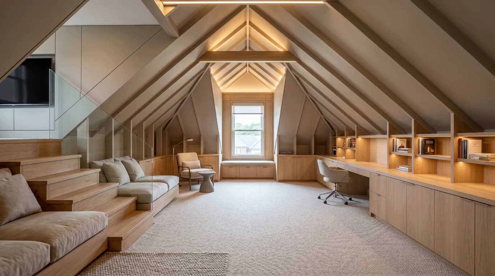 Finished attic after conversion with drywall, flooring, lighting, and usable living space.