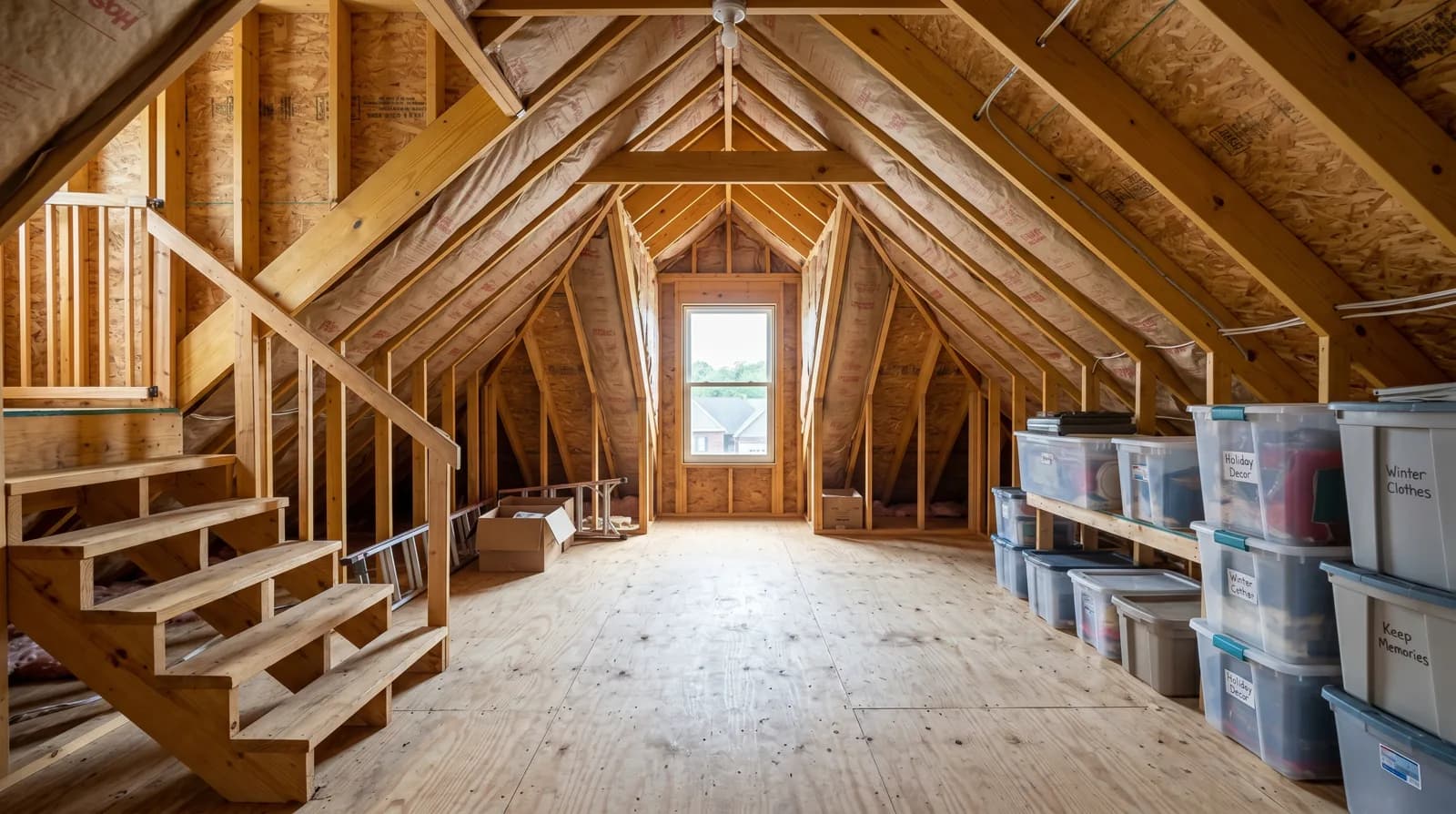 Unfinished attic before conversion with exposed rafters and bare subfloor