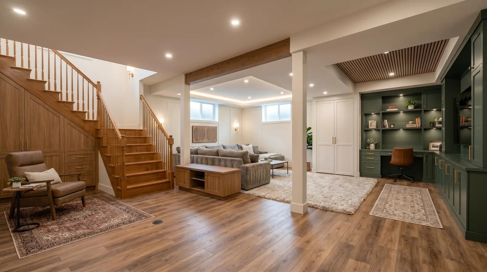 Finished basement after remodel with drywall, flooring, lighting, and usable living area.