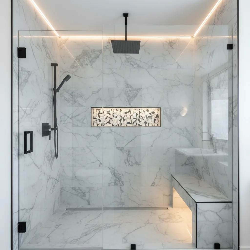 Bathroom after remodel with walk-in shower area, refreshed vanity wall, and updated finishes.
