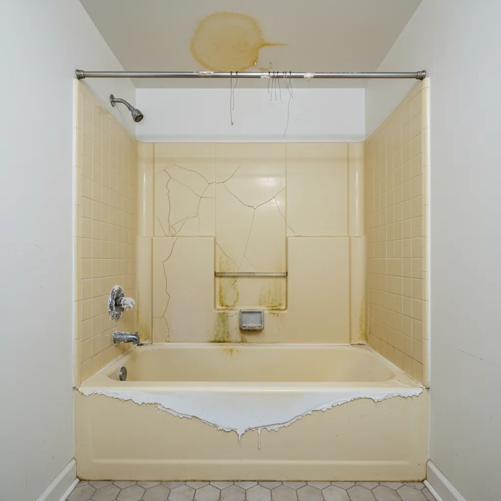 Bathroom before remodel with older vanity, tub surround, and dated finishes.