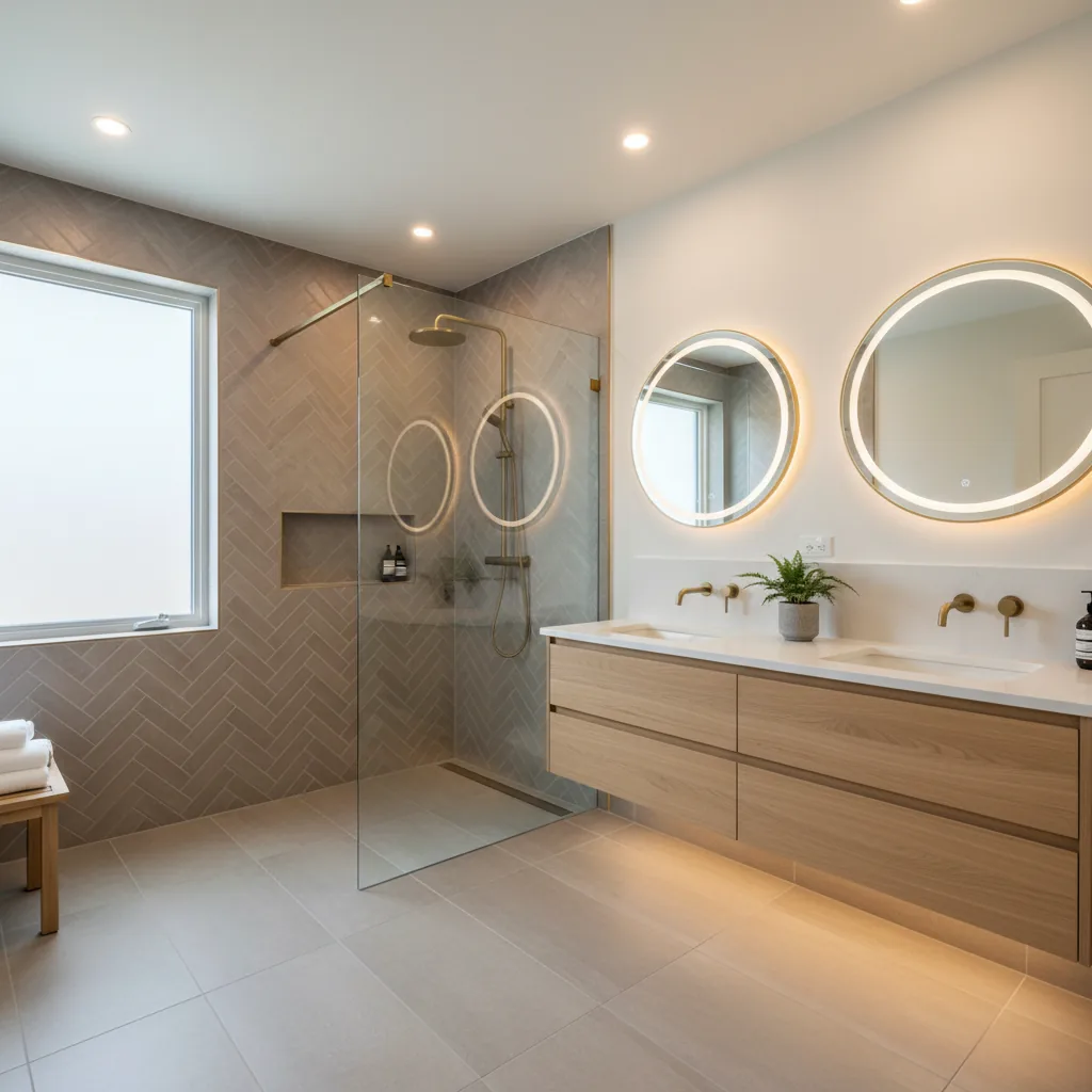 Bathroom after renovation with glass walk-in shower, double vanity, and updated tile.