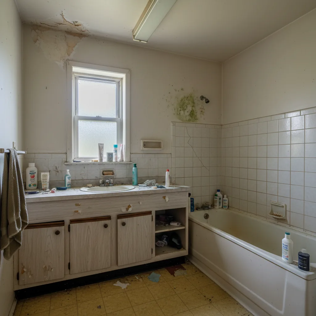 Bathroom before renovation with built-in tub, single vanity, and worn finishes.