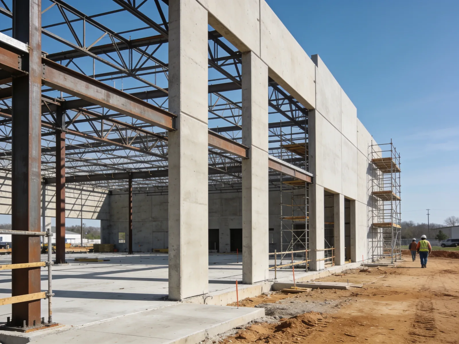 Ground-up commercial building under construction with steel framing and concrete walls on a prepared site.