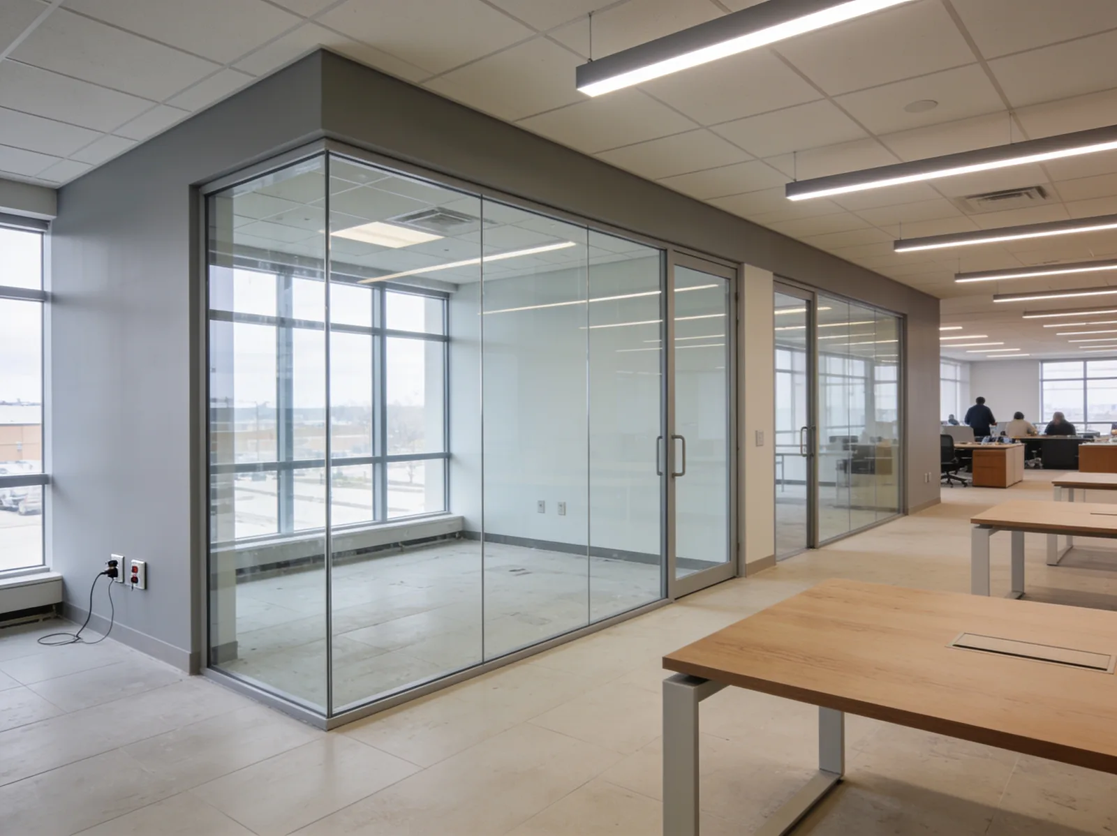 Renovated open-plan office with glass-walled meeting rooms, new lighting, and daylight from large windows.