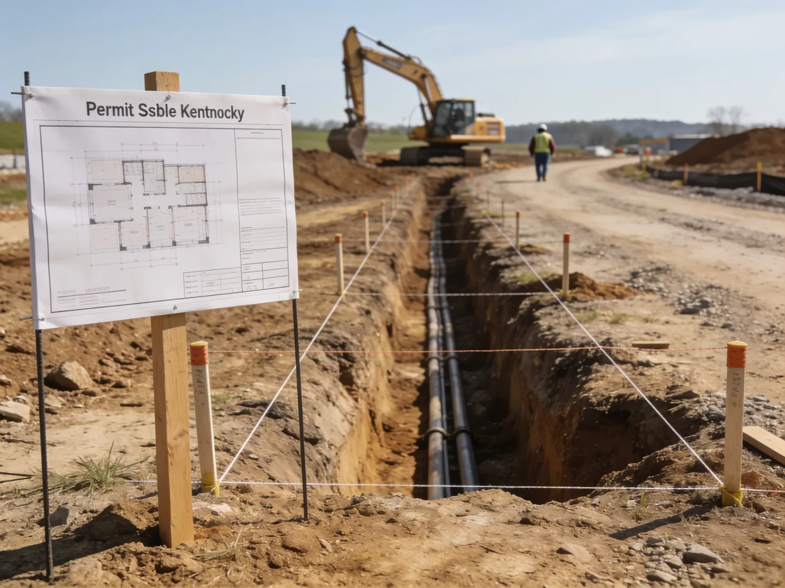 Early-stage development site with graded land, survey stakes, and utility trenching underway.