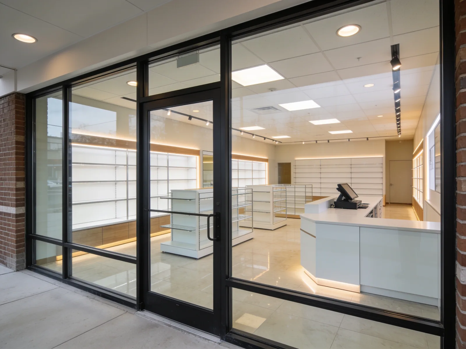 Finished modern retail storefront interior with new display fixtures, glass windows, and accent lighting.