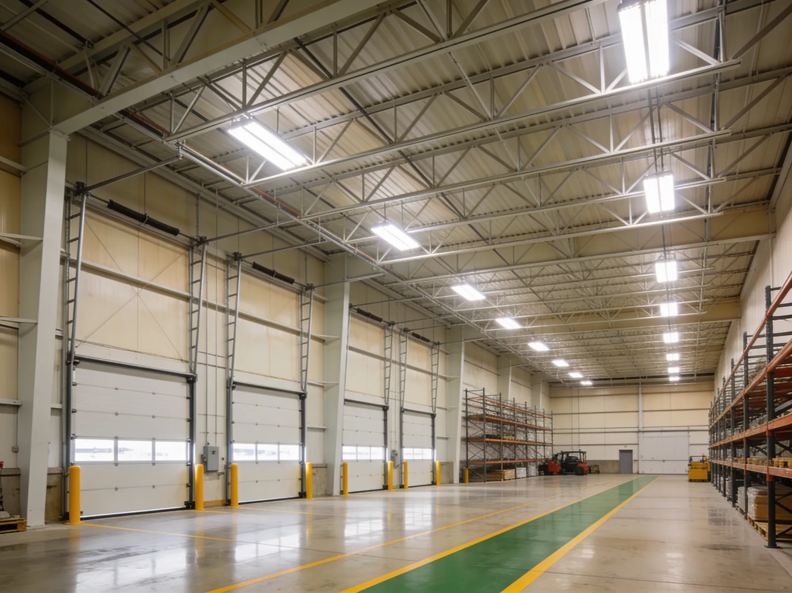 Clean modern warehouse interior with high-bay LED lighting, sealed concrete floor, and painted safety lanes.