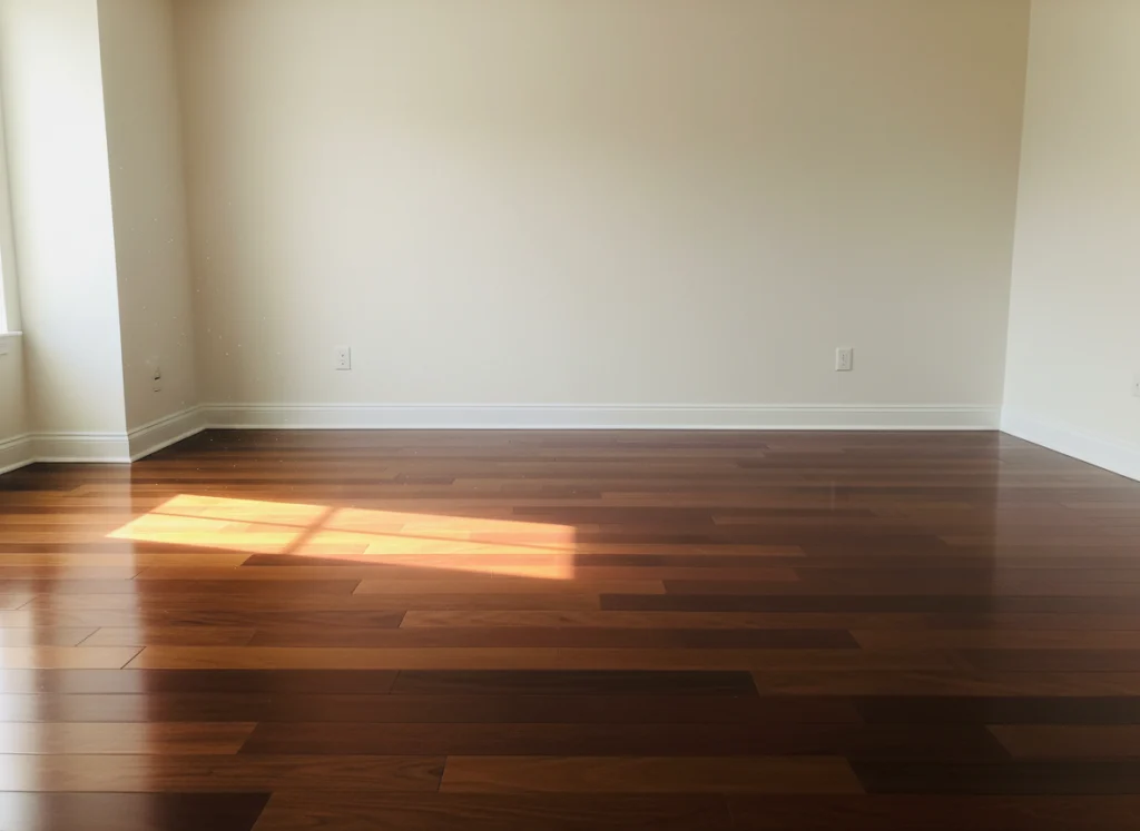 Newly installed hardwood flooring in a finished room