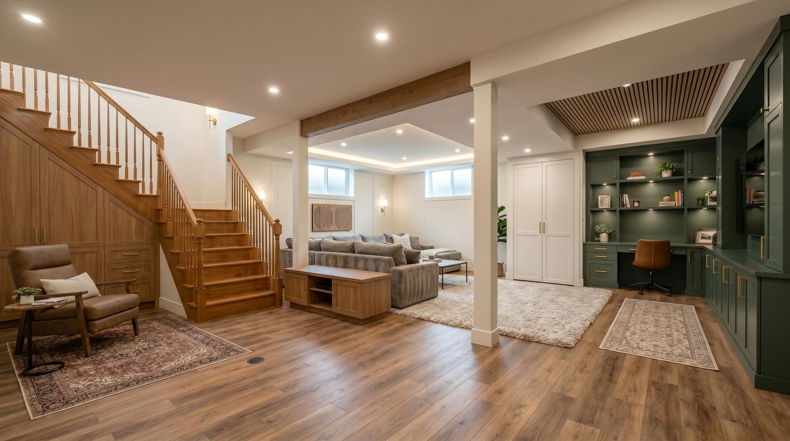 Finished basement after remodel with drywall, flooring, lighting, and usable living area.