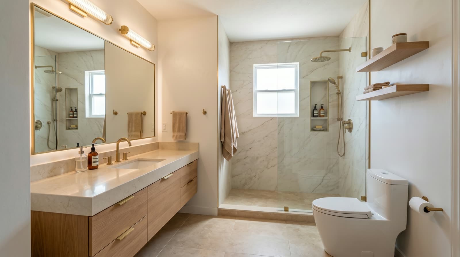 Bathroom after remodel with updated tile, modern vanity, and refreshed fixtures.