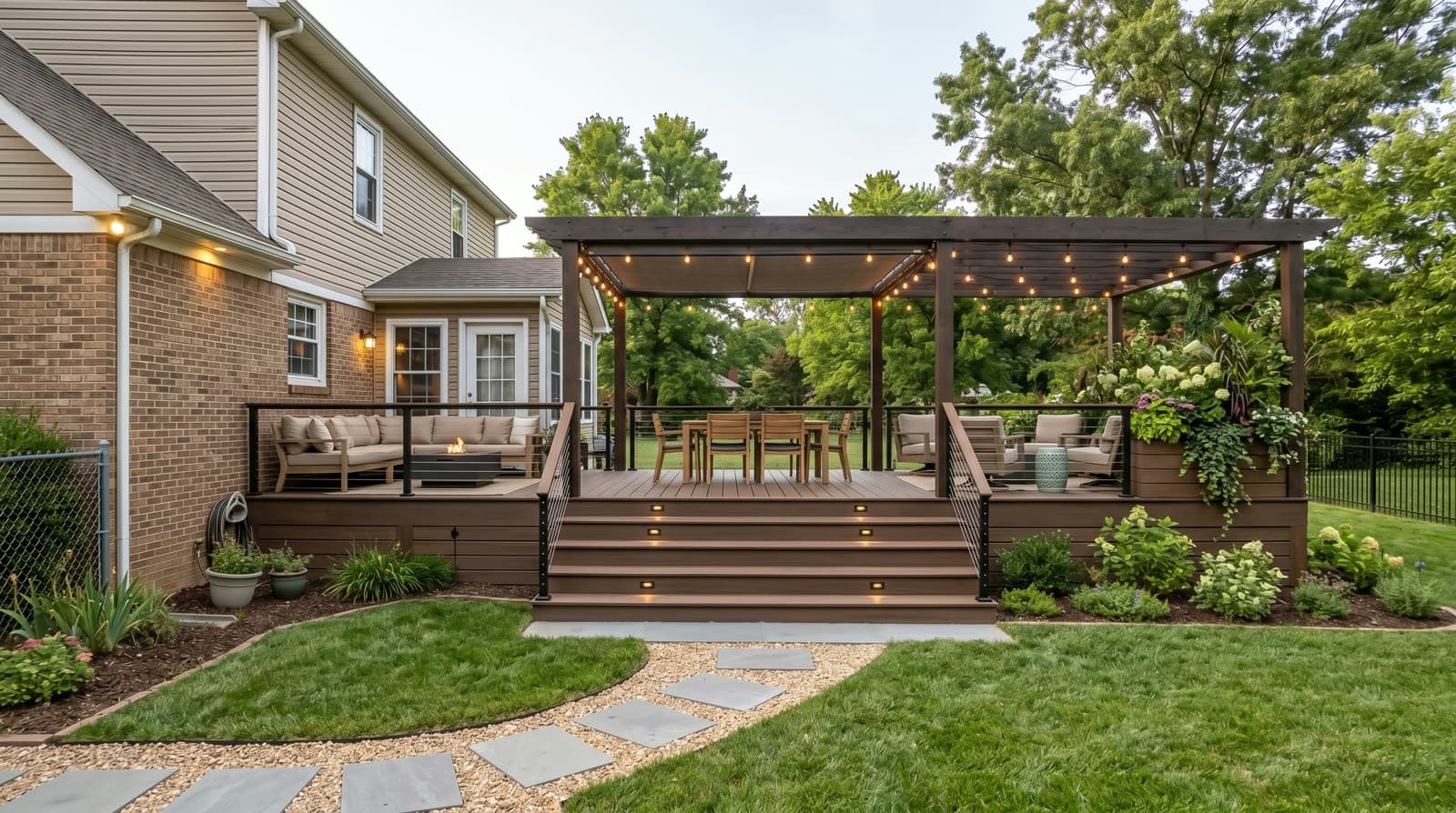 Backyard after outdoor living build with finished patio, hardscaping, and seating area.