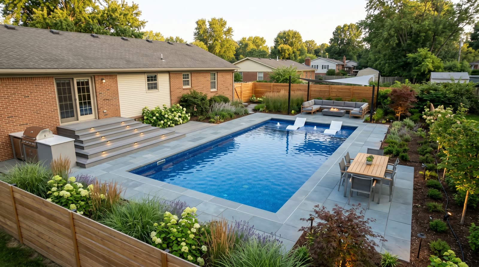 Finished backyard pool with a stone deck and patio seating