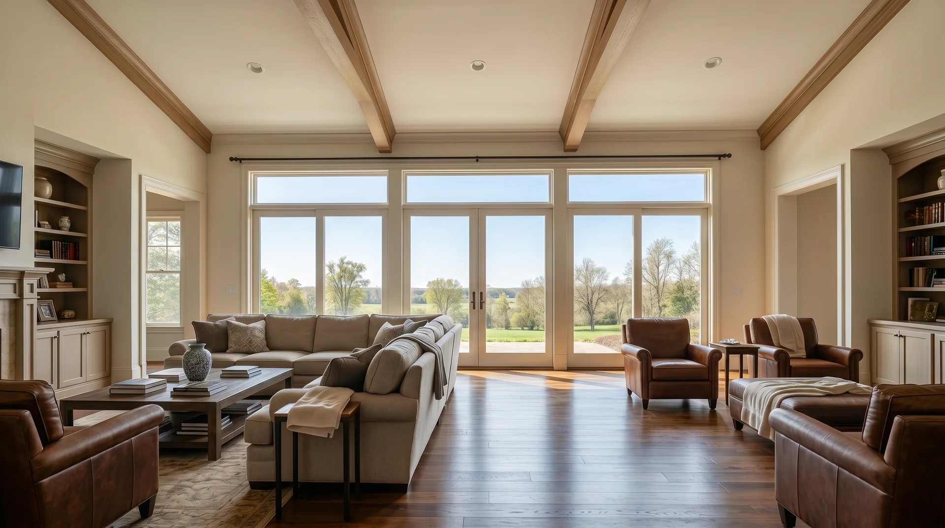 Same living room after restoration with a repaired, repainted ceiling, dry floors, and clean finishes.