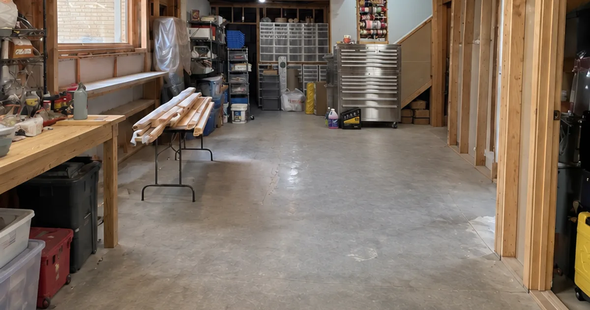 AI reconstruction of the earlier basement, showing the left window and workbench with storage and stairs at the back.